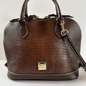 Dooney & Bourke Lizard Embossed Brown Leather Zip Zip Satchel Handbag